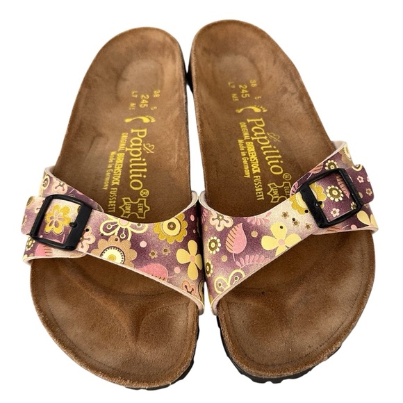 Papillio Birkenstock Birkis Women's Sandals Floral Pink Brown Yellow Sz 8 38 - Picture 2 of 7